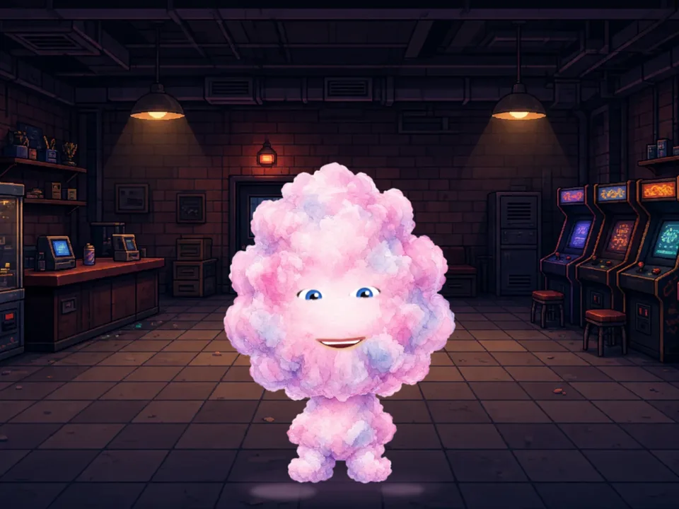 Example: a pink watercolor cotton-candy cloud, in a pixel-art arcade studio