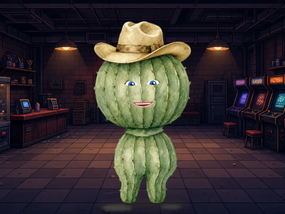 Example character: a grumpy watercolor cactus in a cowboy hat, in a pixel-art arcade studio
