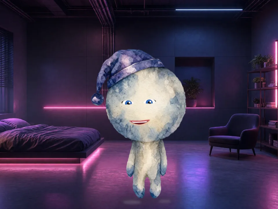 Example: a sleepy watercolor moon in a nightcap, in a neon bedroom studio