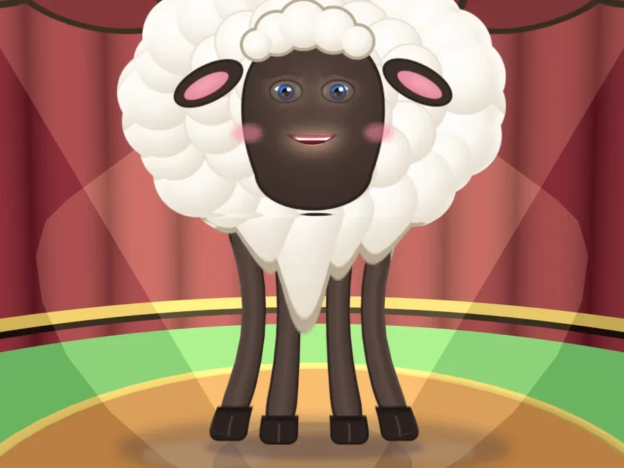 The default sheep character mid-bounce on stage