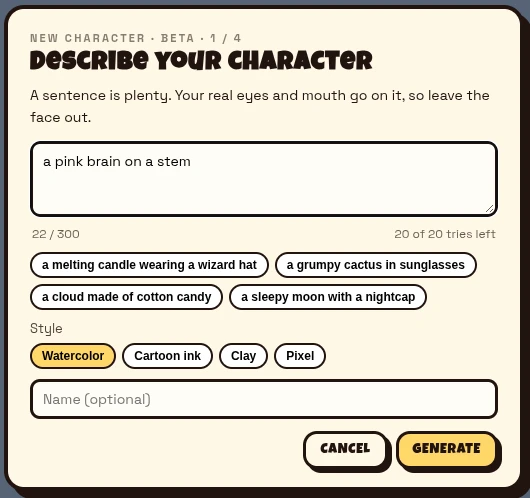 The Describe your character step of the character creator